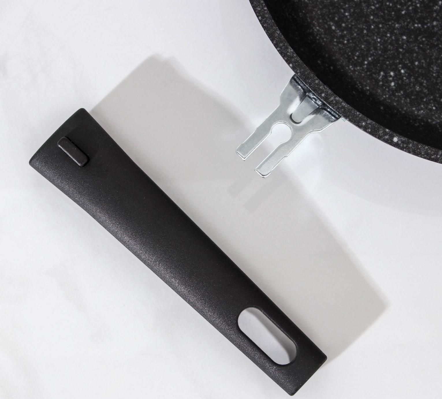 Сковорода, d=26 см, съёмная ручка, стеклянная крышка, антипригарное покрытие, цвет тёмный мрамор