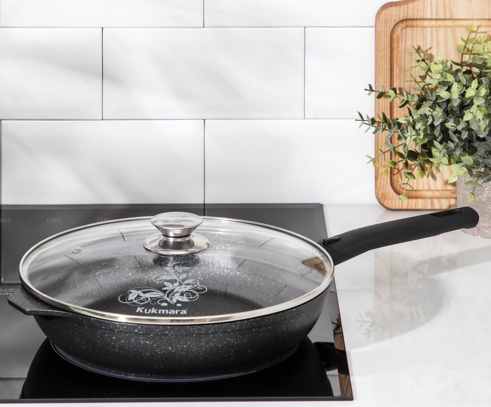 Сковорода, d=26 см, съёмная ручка, стеклянная крышка, антипригарное покрытие, цвет тёмный мрамор