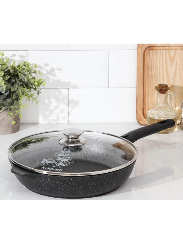 Сковорода, d=26 см, съёмная ручка, стеклянная крышка, антипригарное покрытие, цвет тёмный мрамор
