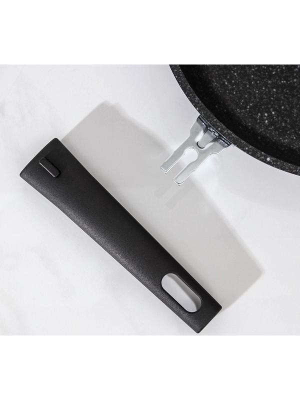 Сковорода, d=26 см, съёмная ручка, стеклянная крышка, антипригарное покрытие, цвет тёмный мрамор