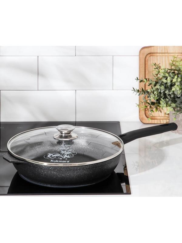 Сковорода, d=26 см, съёмная ручка, стеклянная крышка, антипригарное покрытие, цвет тёмный мрамор