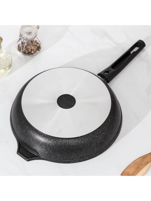 Сковорода, d=26 см, съёмная ручка, стеклянная крышка, антипригарное покрытие, цвет тёмный мрамор