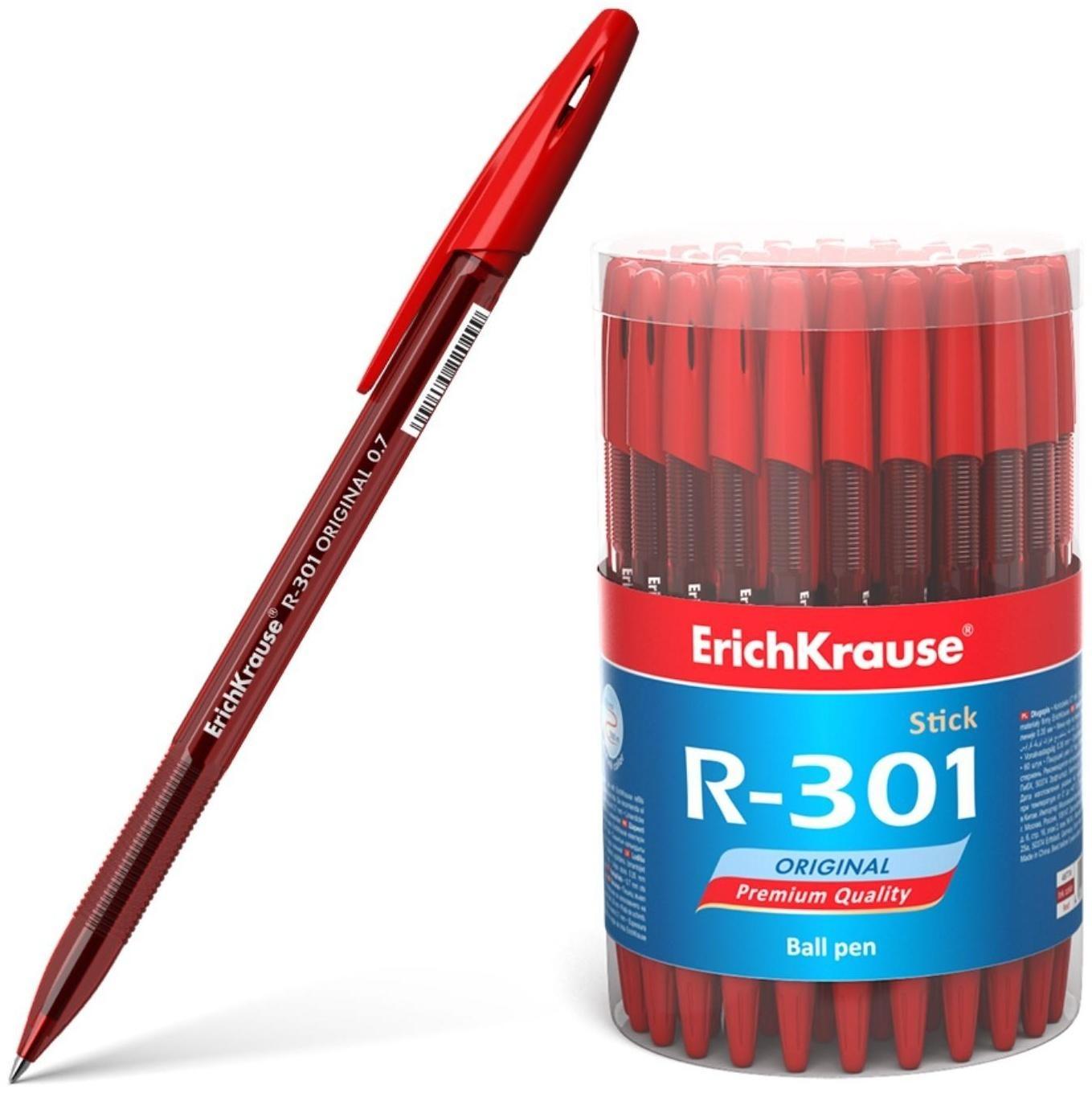 Ручка шариковая ErichKrause R-301 Original Stick, узел 0.7 мм, европодвес, чернила красные