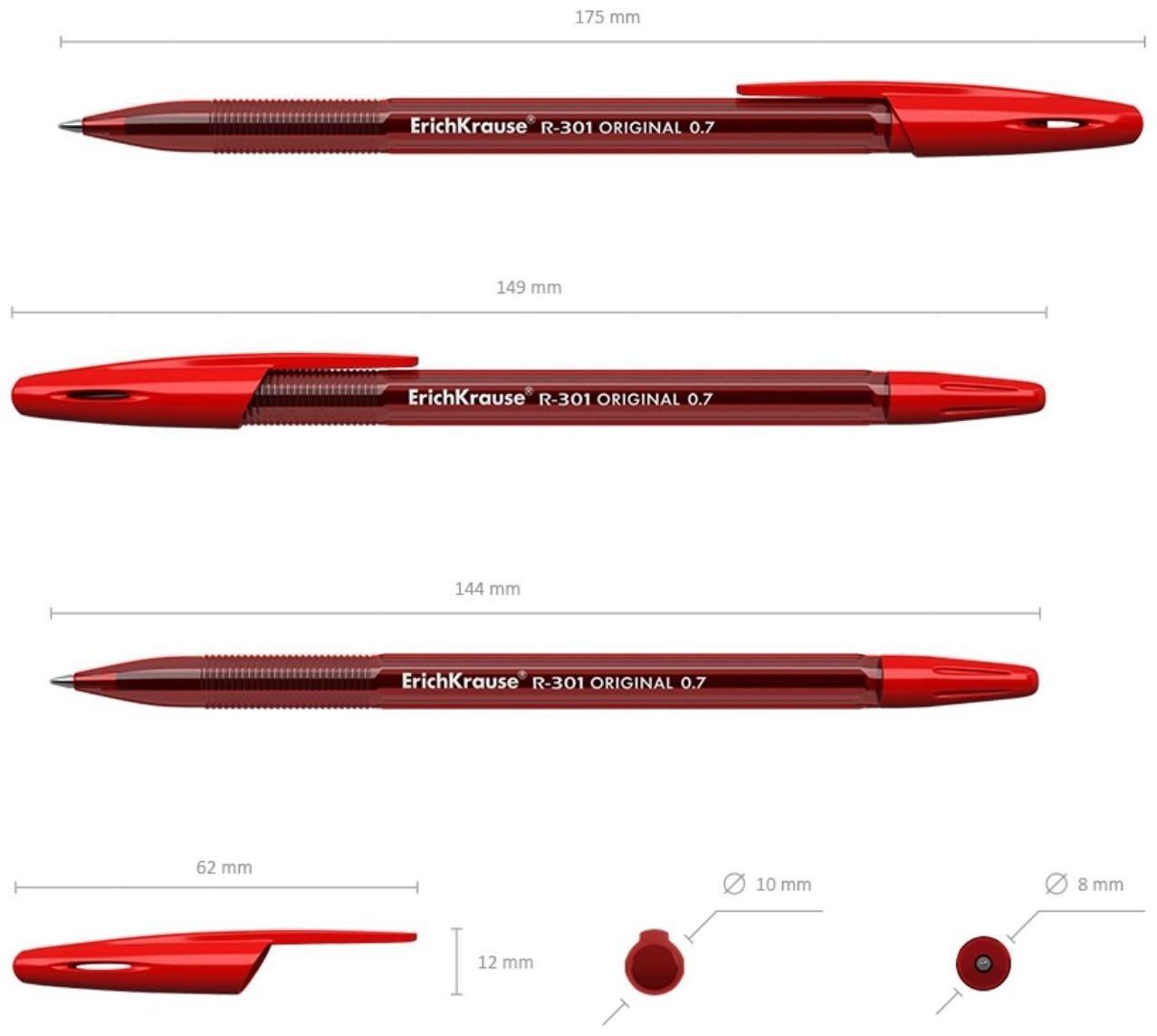 Ручка шариковая ErichKrause R-301 Original Stick, узел 0.7 мм, европодвес, чернила красные