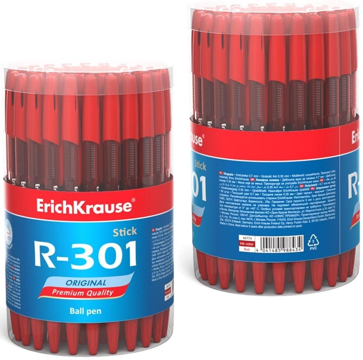 Ручка шариковая ErichKrause R-301 Original Stick, узел 0.7 мм, европодвес, чернила красные