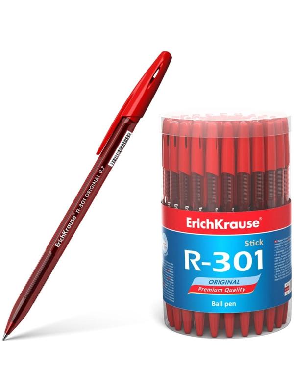 Ручка шариковая ErichKrause R-301 Original Stick, узел 0.7 мм, европодвес, чернила красные