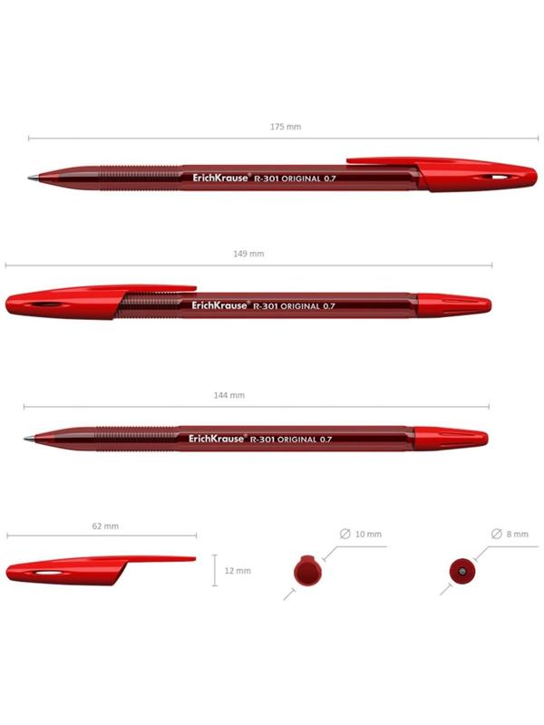 Ручка шариковая ErichKrause R-301 Original Stick, узел 0.7 мм, европодвес, чернила красные