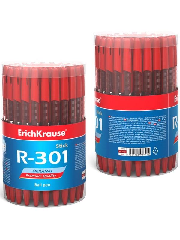 Ручка шариковая ErichKrause R-301 Original Stick, узел 0.7 мм, европодвес, чернила красные