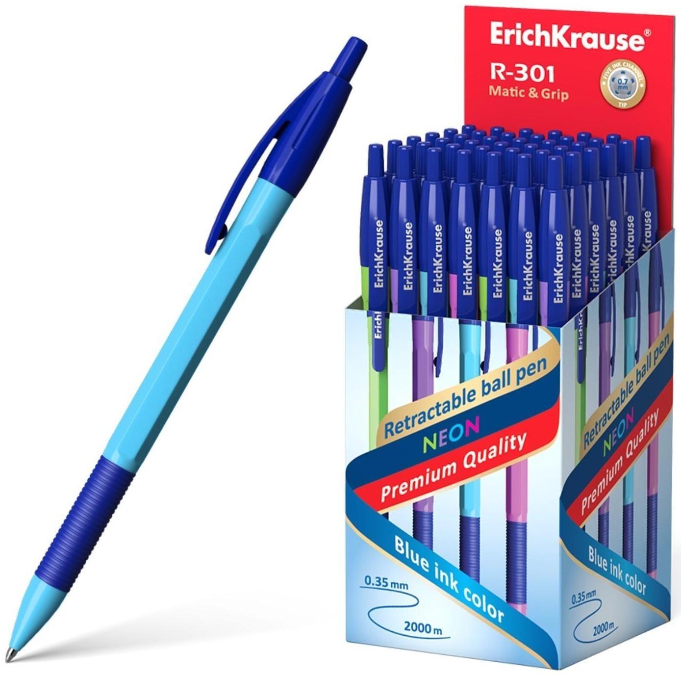 Ручка шариковая ErichKrause R-301 Neon Matic & Grip, узел 0.7 мм, автоматическая, стержень синий, корпус МИКС (4 цвета)