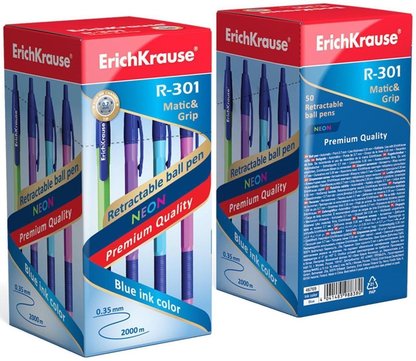 Ручка шариковая ErichKrause R-301 Neon Matic & Grip, узел 0.7 мм, автоматическая, стержень синий, корпус МИКС (4 цвета)