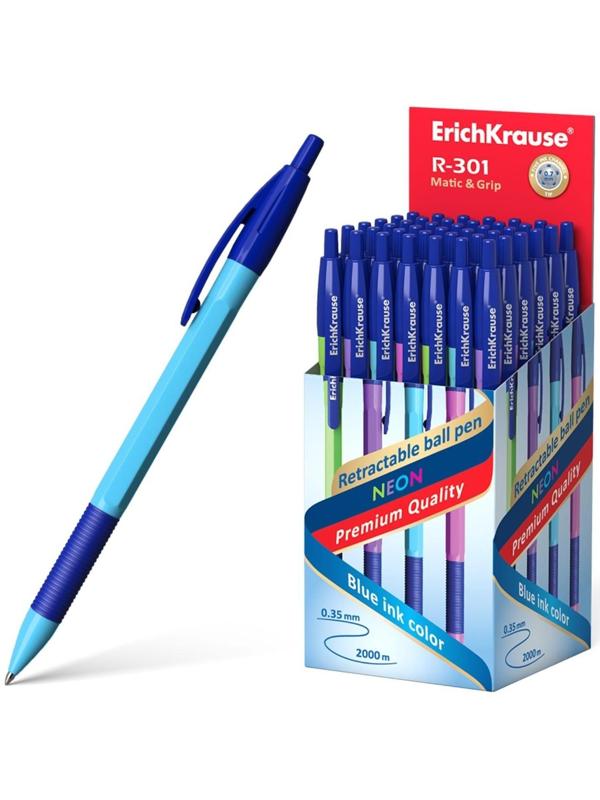 Ручка шариковая ErichKrause R-301 Neon Matic & Grip, узел 0.7 мм, автоматическая, стержень синий, корпус МИКС (4 цвета)
