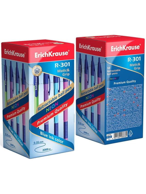 Ручка шариковая ErichKrause R-301 Neon Matic & Grip, узел 0.7 мм, автоматическая, стержень синий, корпус МИКС (4 цвета)