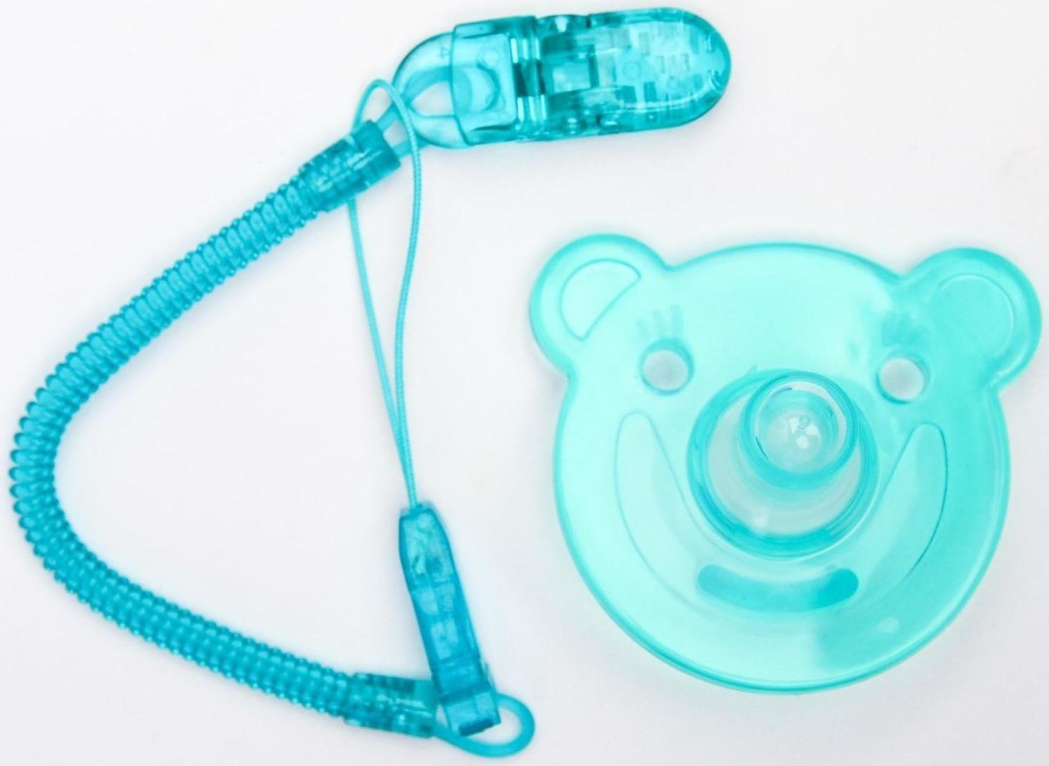 Пустышка цельносиликоновая, с держателем, в контейнере, от 0 мес., цвет зеленый