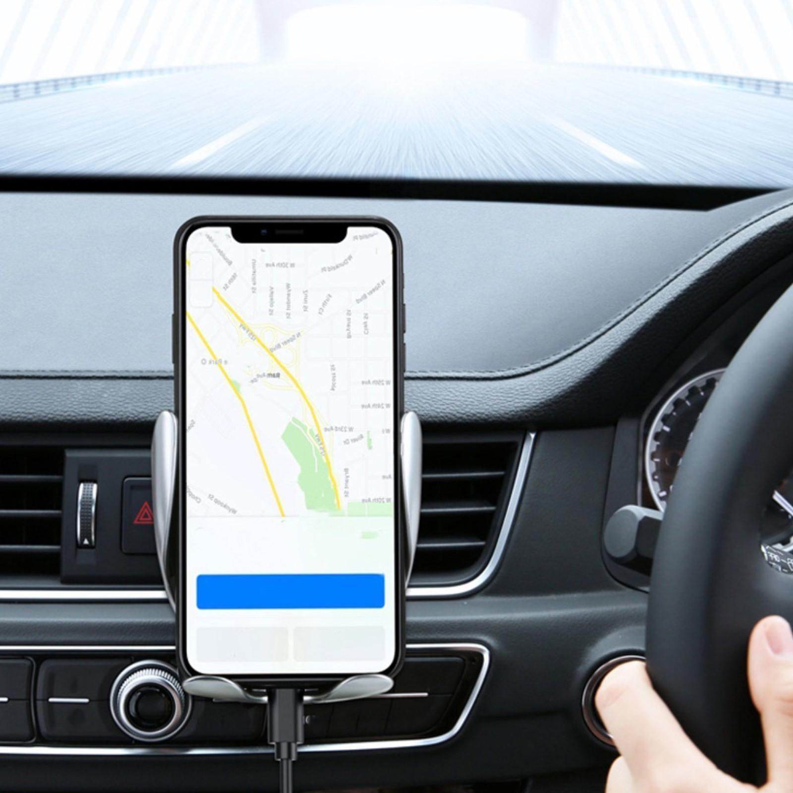 Держатель телефона в дефлектор, беспроводная зарядка, сенсорный захват 6-9.5 см, серебро