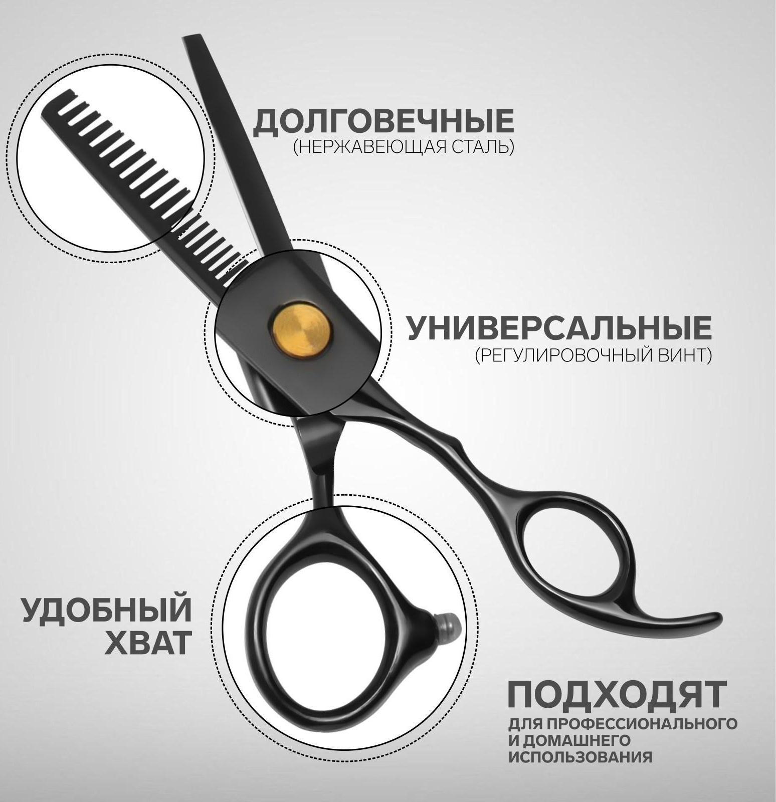 Ножницы филировочные с упором «Premium», загнутые кольца, лезвие — 6 см, цвет чёрный