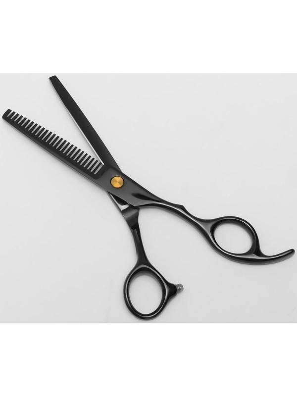 Ножницы филировочные с упором «Premium», загнутые кольца, лезвие — 6 см, цвет чёрный