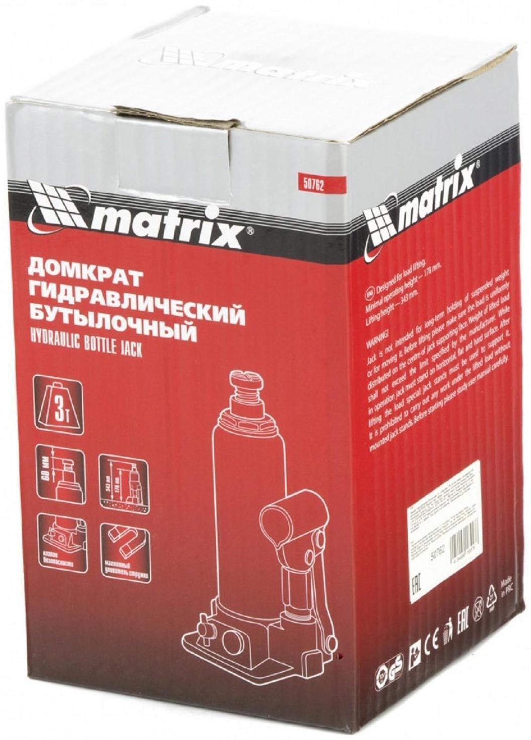 Домкрат гидравлический MATRIX 50762, бутылочный, 3 т, высота подъема 178-343 мм