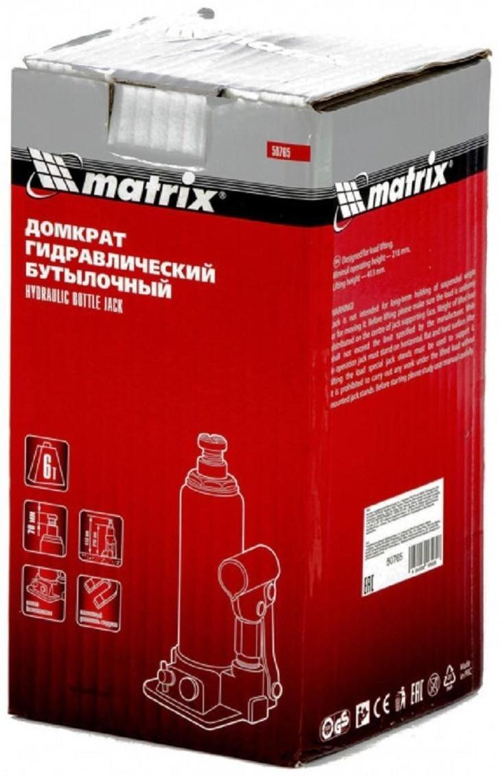 Домкрат гидравлический MATRIX 50765, бутылочный, 6 т, высота подъема 216-413 мм