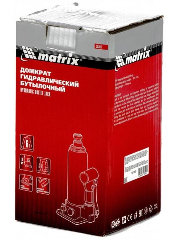 Домкрат гидравлический MATRIX 50765, бутылочный, 6 т, высота подъема 216-413 мм