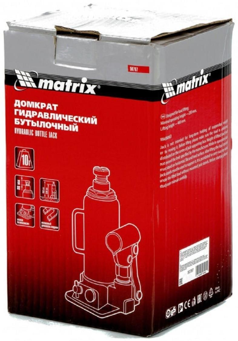 Домкрат гидравлический MATRIX 50767, бутылочный, 10 т, высота подъема 230-460 мм