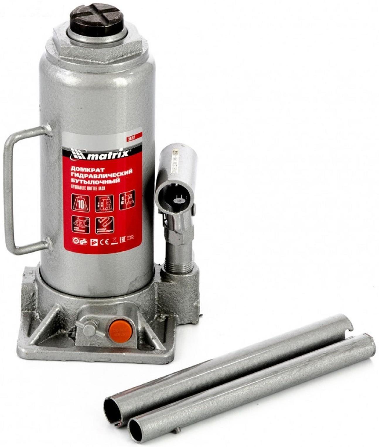 Домкрат гидравлический MATRIX 50767, бутылочный, 10 т, высота подъема 230-460 мм