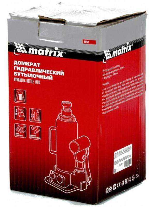 Домкрат гидравлический MATRIX 50767, бутылочный, 10 т, высота подъема 230-460 мм