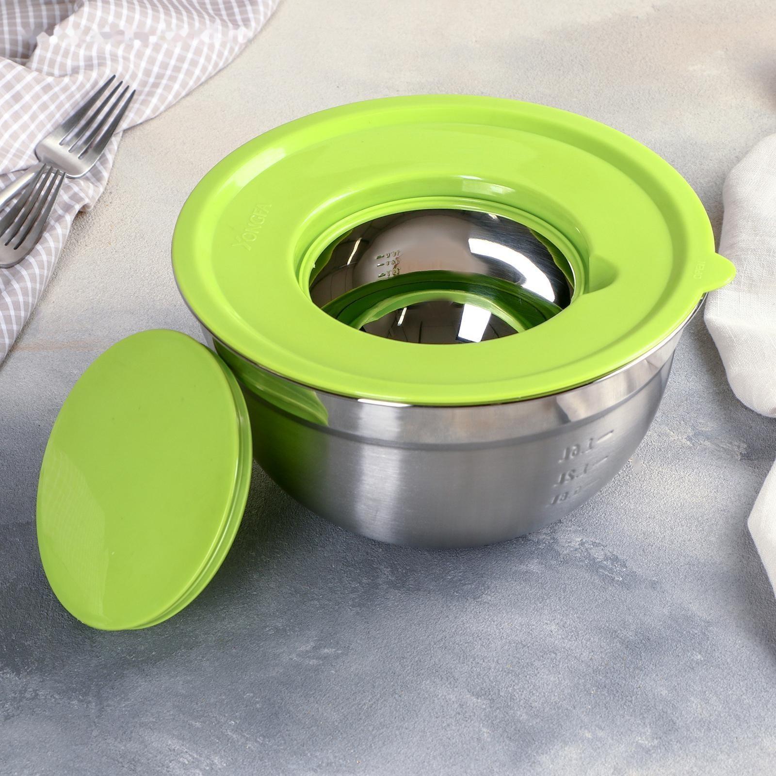 Миска из нержавеющей стали для миксера «Антибрызг», 2 л, 22×12 см, с мерной шкалой, пластиковая крышка