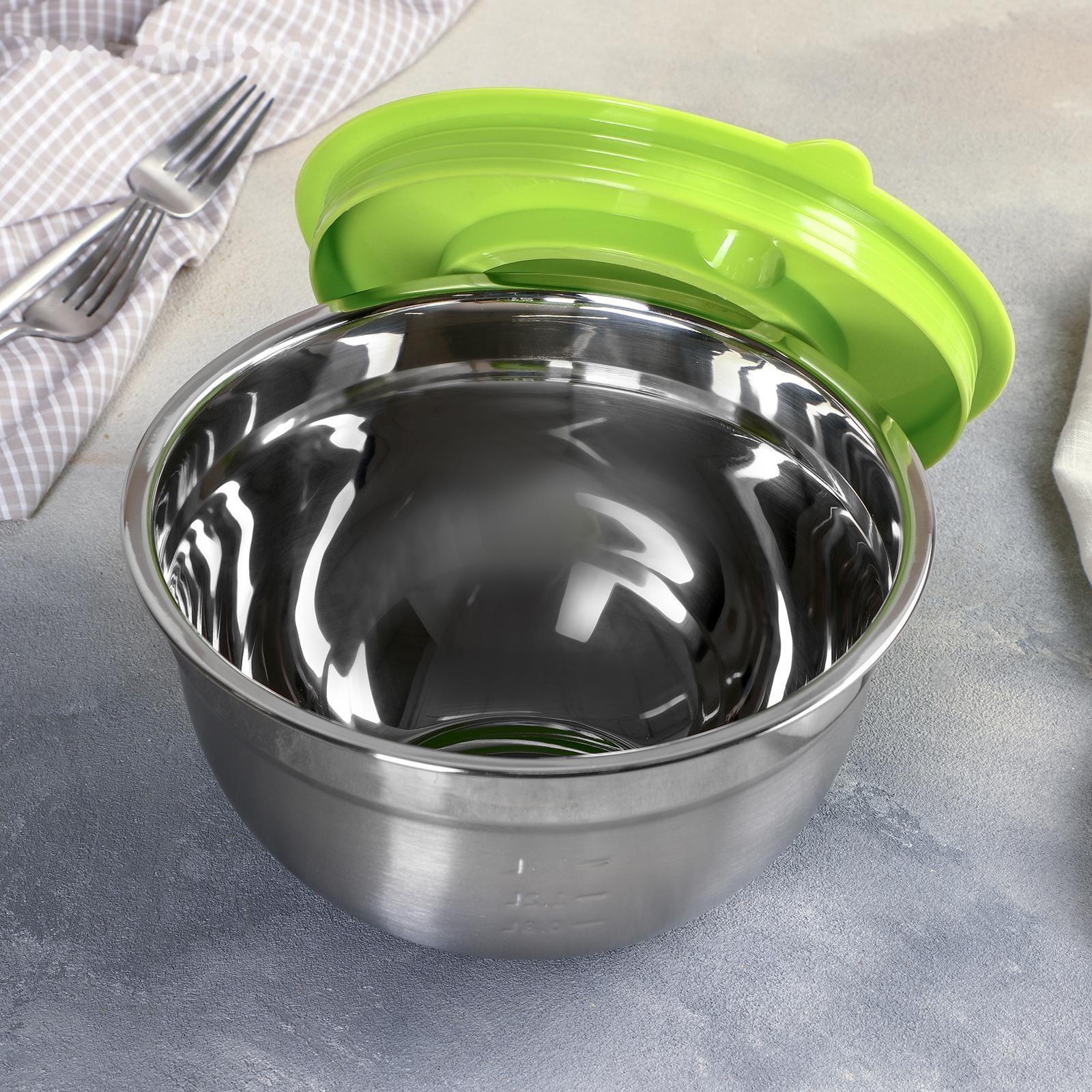 Миска из нержавеющей стали для миксера «Антибрызг», 2 л, 22×12 см, с мерной шкалой, пластиковая крышка