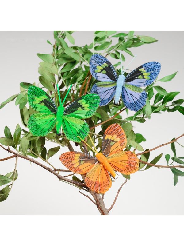 Бабочка для декора и флористики, на прищепке, пластиковая, микс, 1 шт., 8 см