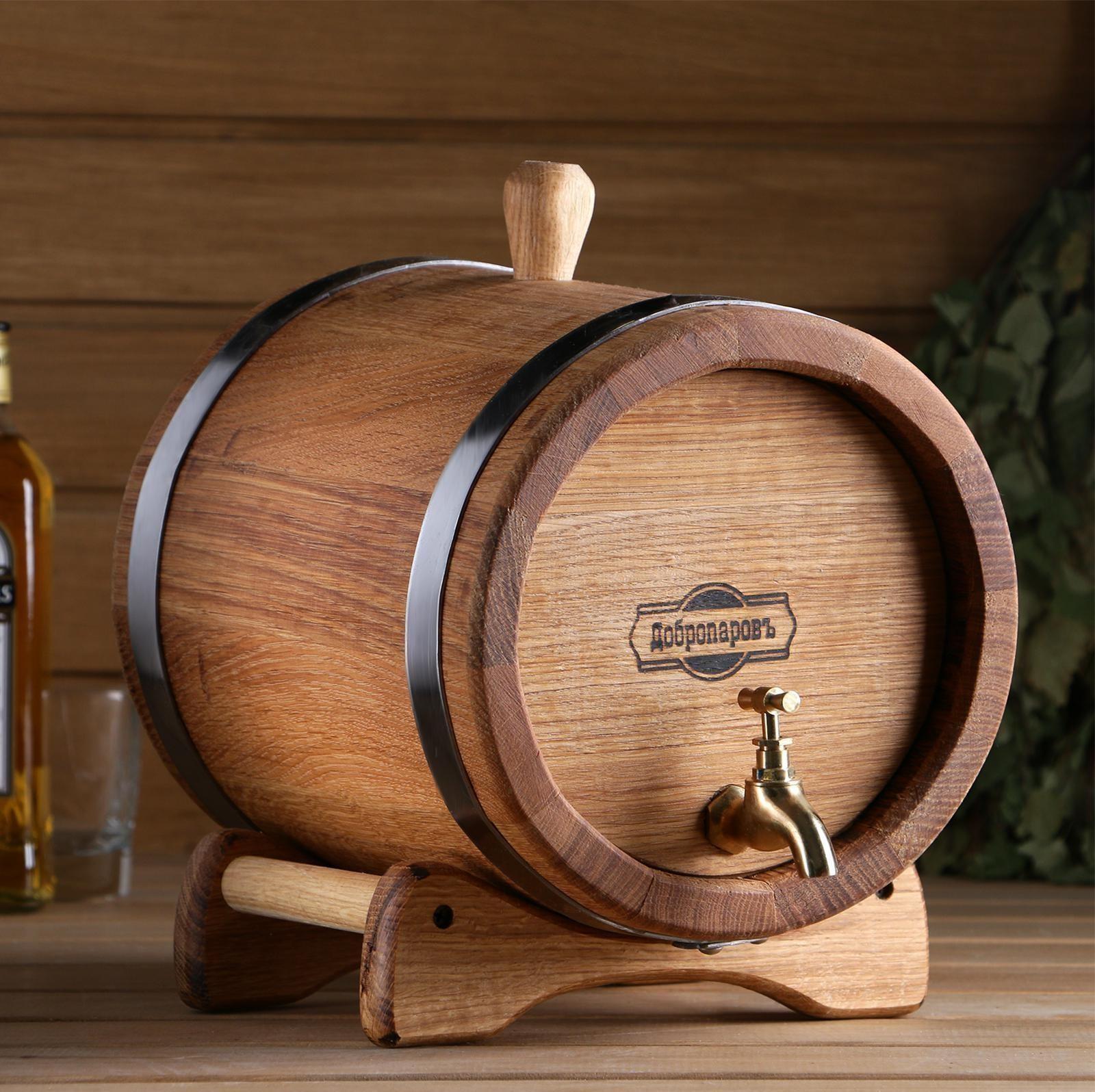Бочка дубовая на подставке, 5л, кавказский дуб, кран из латуни, покрыта льняным маслом