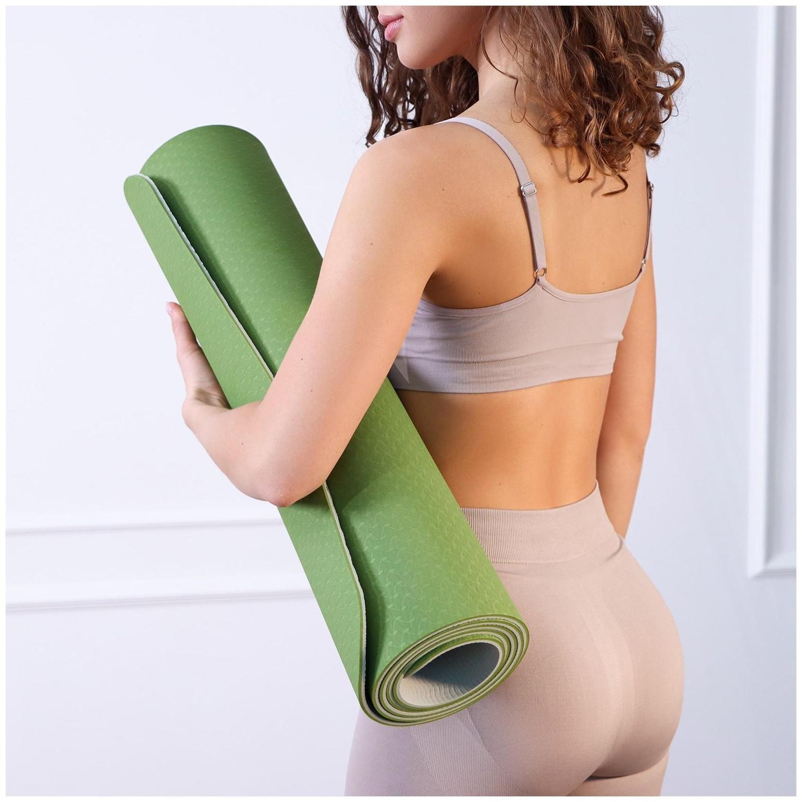 Коврик для йоги 183 × 61 × 0,6 см, двухцветный, цвет зелёный