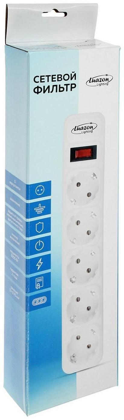 Сетевой фильтр Luazon Lighting, 5 розеток, 1.8 м, 2200 Вт, 3 х 0.75 мм2, 10 А, 220 В, черный