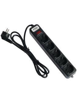 Сетевой фильтр Luazon Lighting, 5 розеток, 1.8 м, 2200 Вт, 3 х 0.75 мм2, 10 А, 220 В, черный