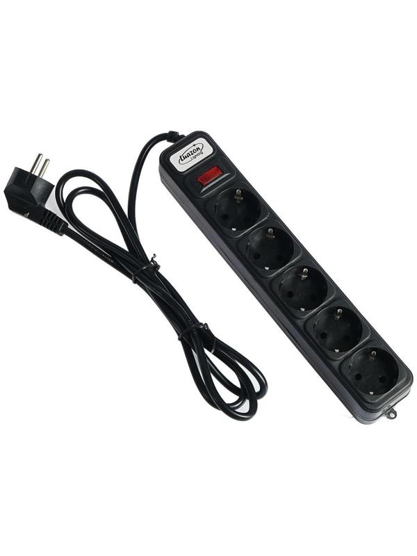 Сетевой фильтр Luazon Lighting, 5 розеток, 1.8 м, 2200 Вт, 3 х 0.75 мм2, 10 А, 220 В, черный