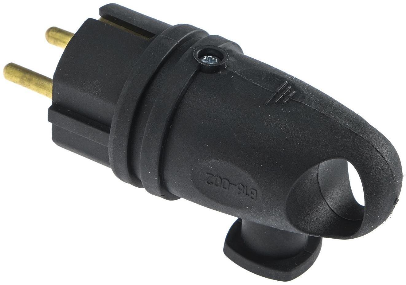 Вилка переносная угловая с кольцом В16-002, 16 А, 250 В, IP44, с з/к, каучук, черная