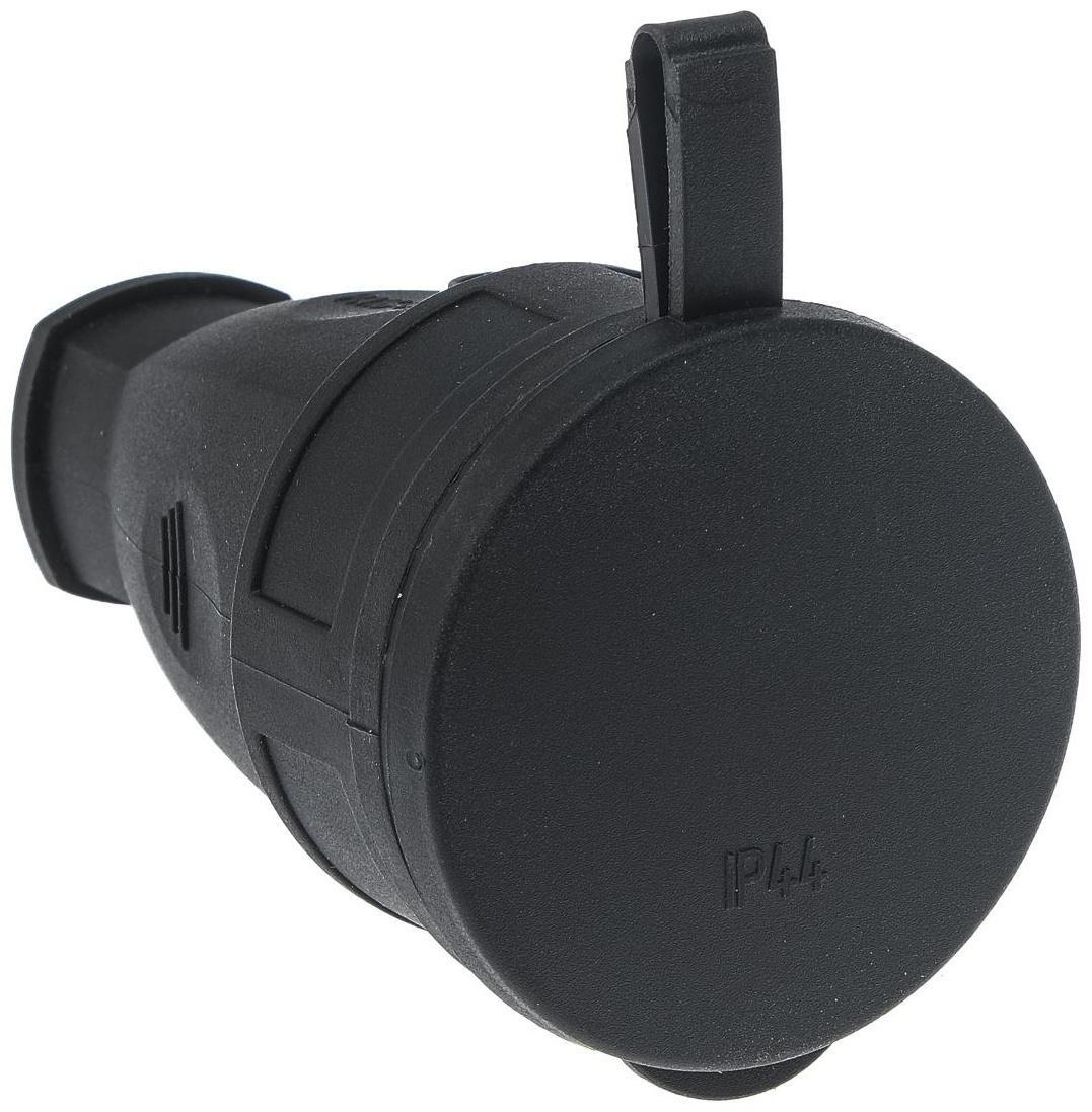 Розетка переносная 16-005, 16 А, 250 В, IP44, с з/к, с заглушкой, каучук, черная