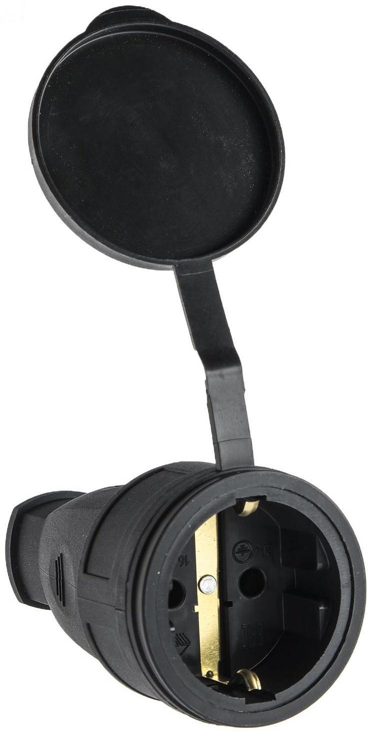 Розетка переносная 16-005, 16 А, 250 В, IP44, с з/к, с заглушкой, каучук, черная