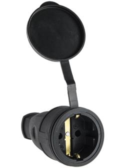 Розетка переносная 16-005, 16 А, 250 В, IP44, с з/к, с заглушкой, каучук, черная