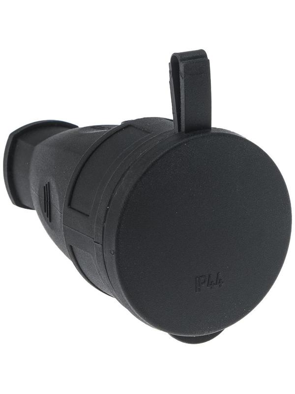 Розетка переносная 16-005, 16 А, 250 В, IP44, с з/к, с заглушкой, каучук, черная