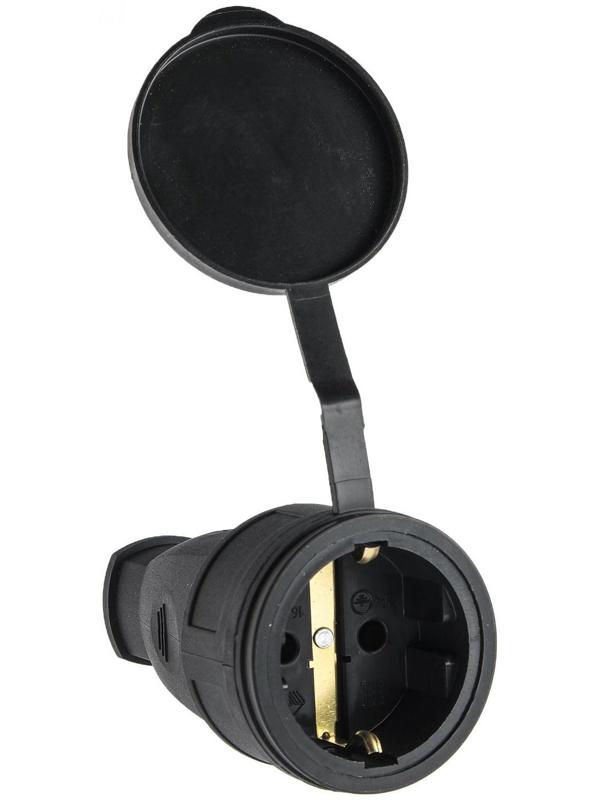 Розетка переносная 16-005, 16 А, 250 В, IP44, с з/к, с заглушкой, каучук, черная