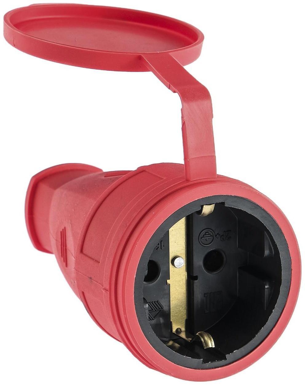 Розетка переносная 16-005, 16 А, 250 В, IP44, с з/к, с заглушкой, каучук, красная