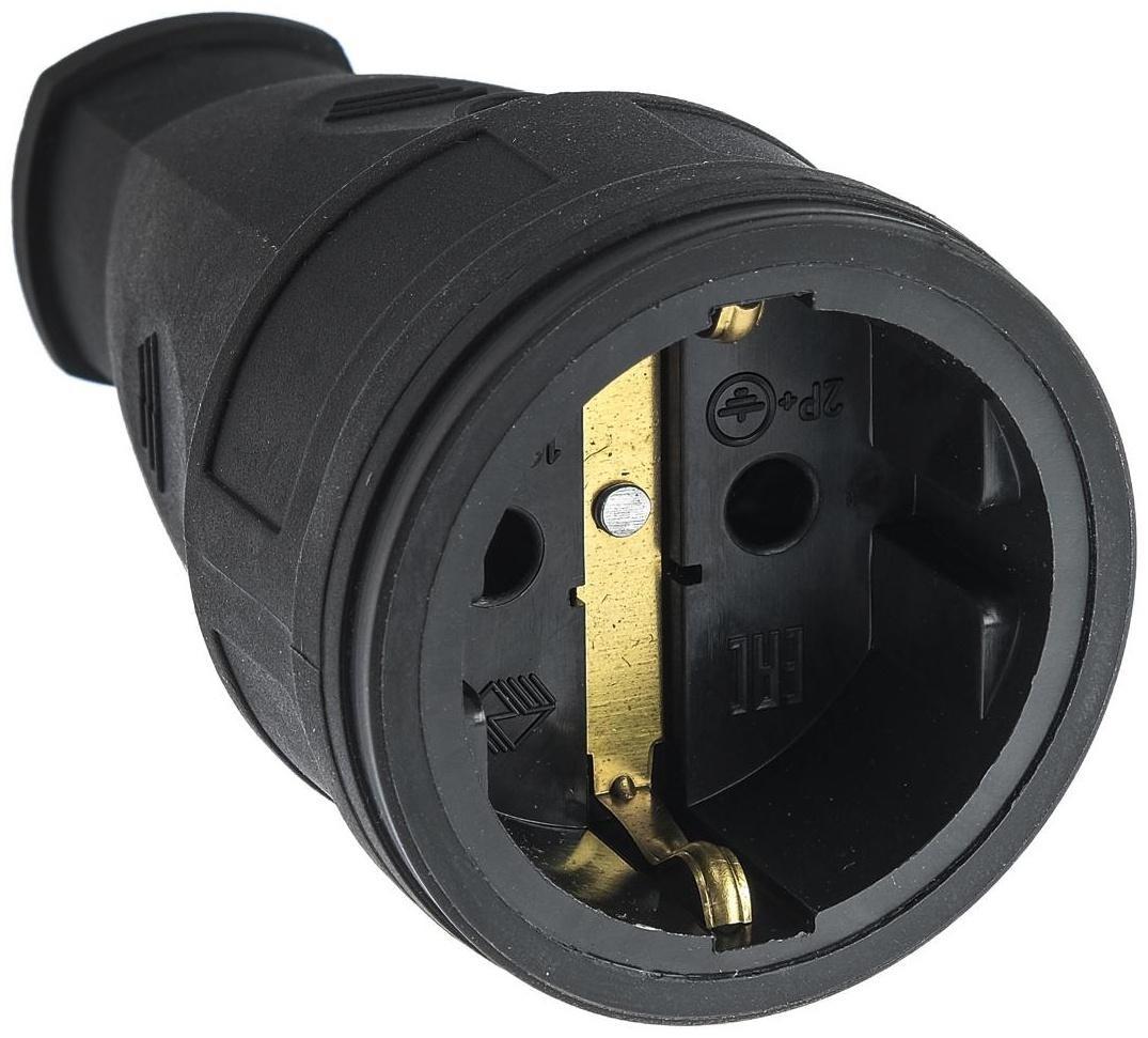 Розетка переносная 15-005, 16 А, 250 В, IP20, с з/к, без заглушки, каучук, черная