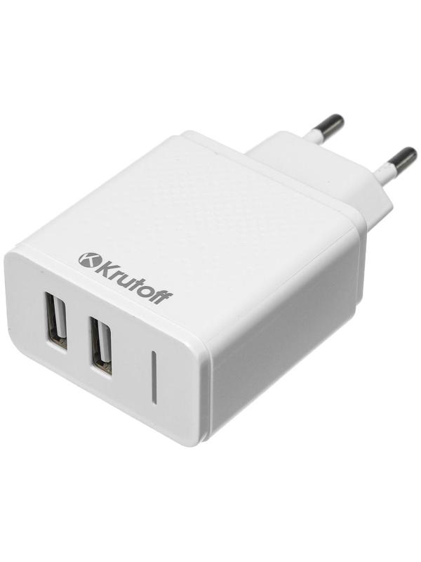 Сетевое зарядное устройство Krutoff, 2 USB, 2.4 A, белое
