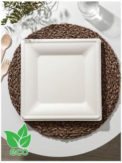 Тарелка одноразовая квадратная ECO, 26×26 см, сахарный тростник, цвет белый