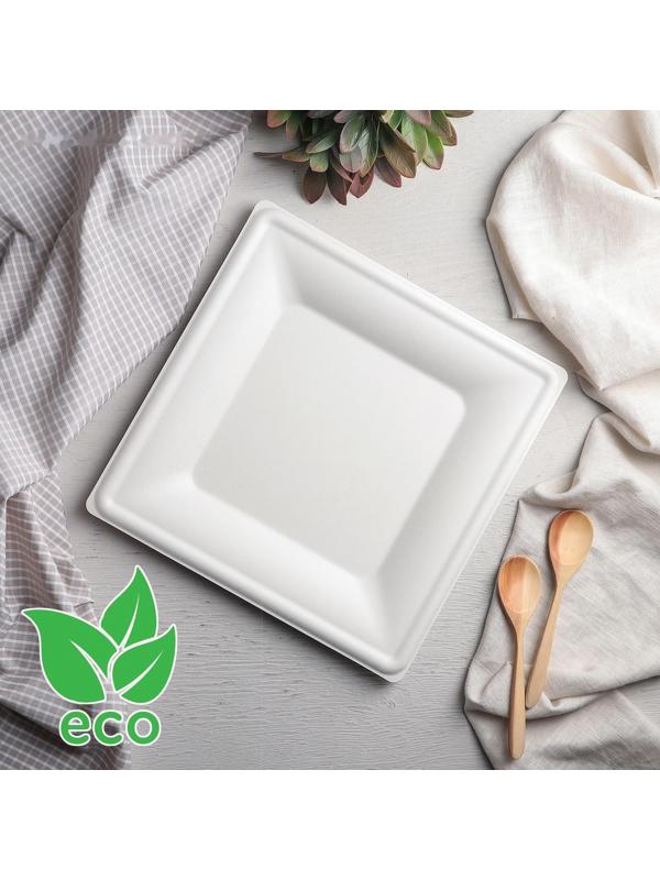 Тарелка одноразовая квадратная ECO, 26×26 см, сахарный тростник, цвет белый