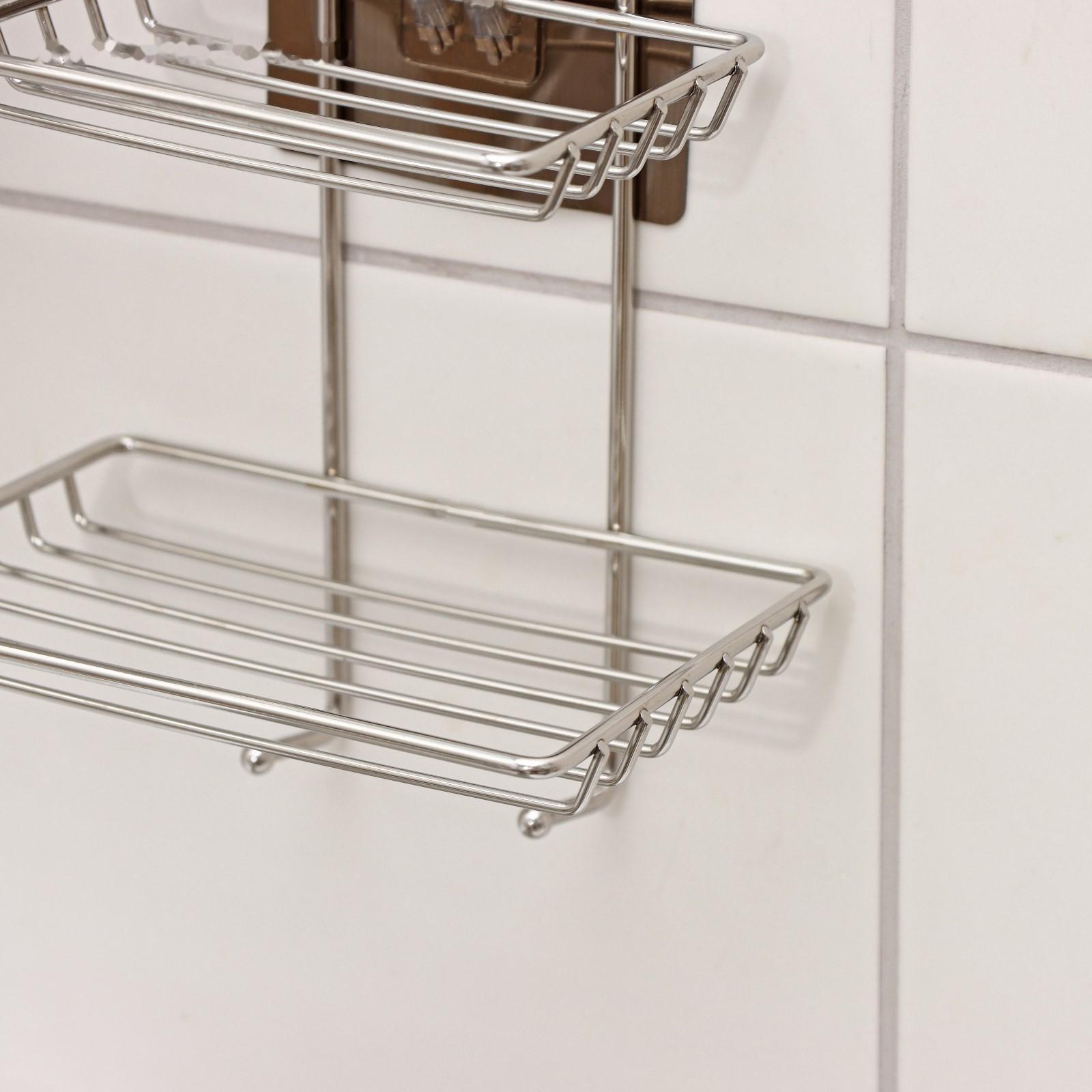 Мыльница 2-х ярусная на липучке, 2 крючка, 14,5×10×21 см, цвет хром