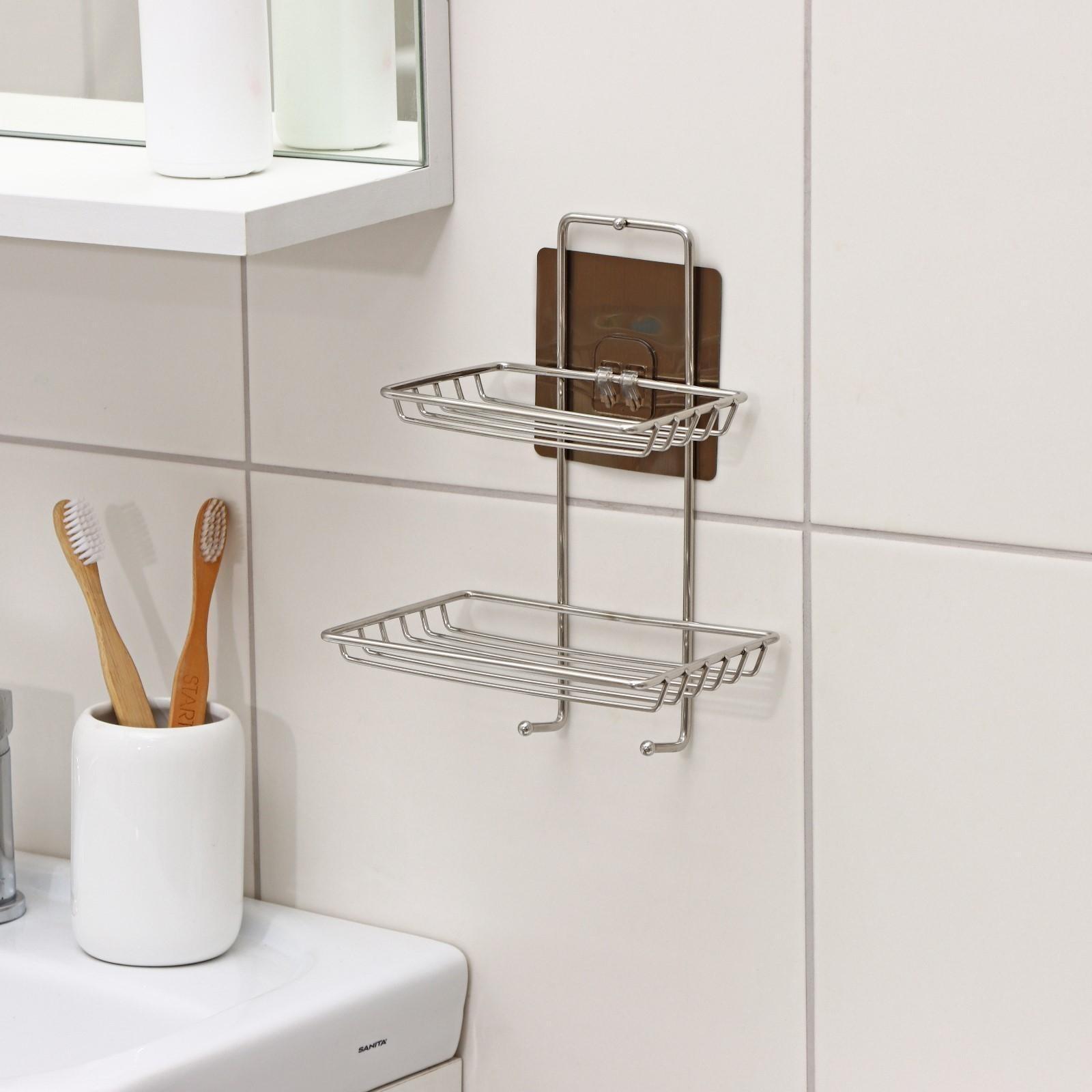 Мыльница 2-х ярусная на липучке, 2 крючка, 14,5×10×21 см, цвет хром