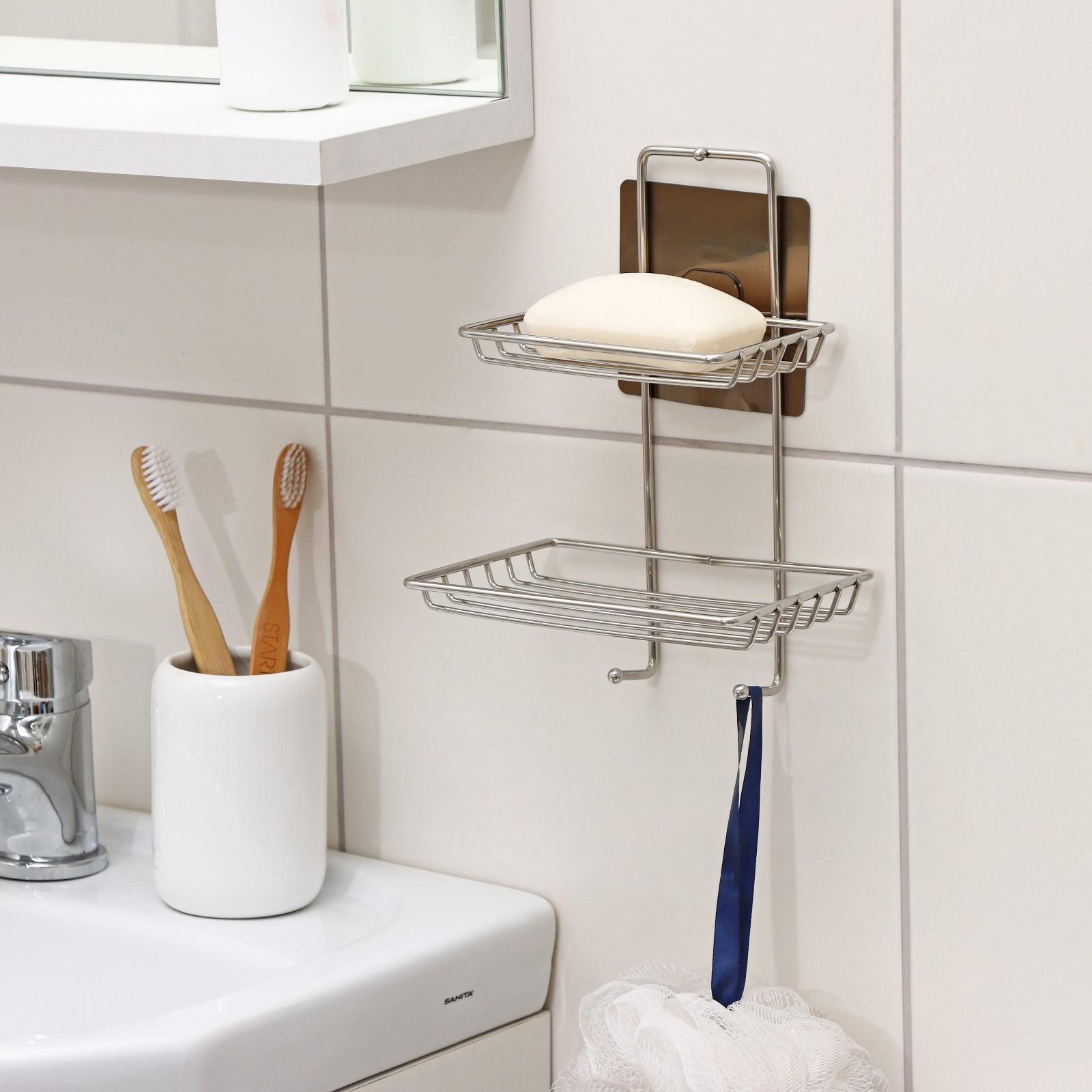 Мыльница 2-х ярусная на липучке, 2 крючка, 14,5×10×21 см, цвет хром