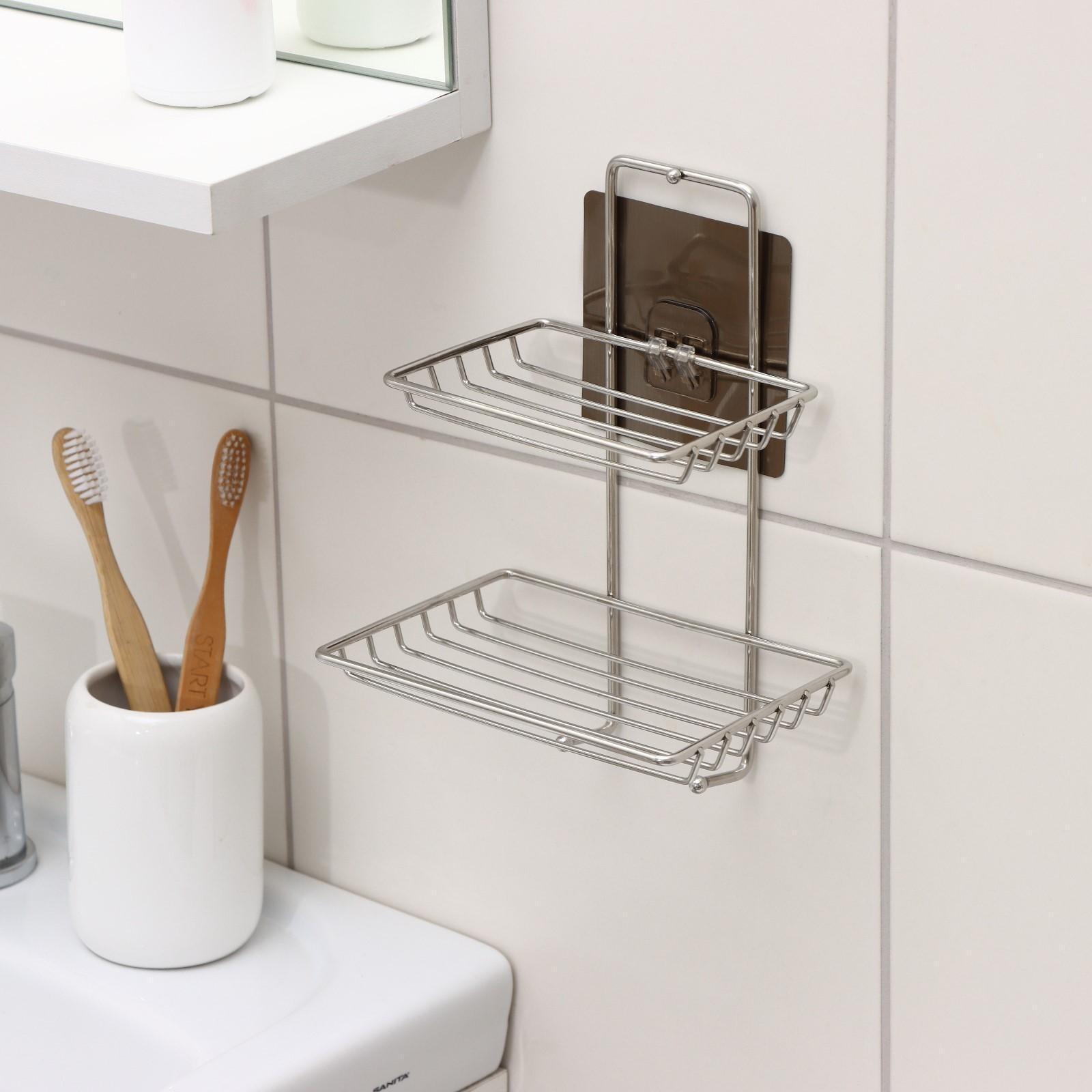 Мыльница 2-х ярусная на липучке, 2 крючка, 14,5×10×21 см, цвет хром