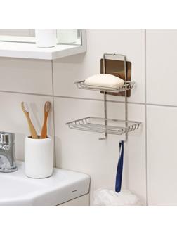 Мыльница 2-х ярусная на липучке, 2 крючка, 14,5×10×21 см, цвет хром